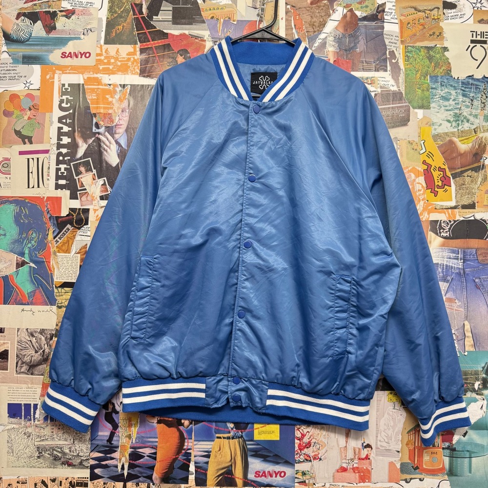 Jaywalker Blue Satin Bomber Jacket Striped Ribbed Collar Cuffs Mens‎ XL